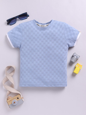 Happy Faces Baby Boys Checkered Cotton Blend Regular T Shirt(Blue, Pack of 1)