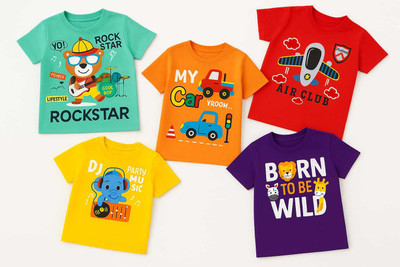 Tinytrekkers Baby Boys & Baby Girls Animal Print, Cartoon Cotton Blend Regular T Shirt(Multicolor, Pack of 5)