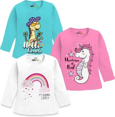 MINI MYN Girls Printed Cotton Blend T Shirt(Multicolor, Pack of 3)