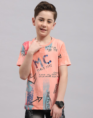 MONTE CARLO Boys Typography Cotton Blend Regular T Shirt(Pink, Pack of 1)