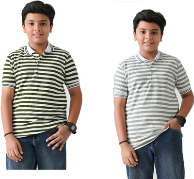 IndiWeaves Boys Striped Pure Cotton Regular T Shirt(Green, Brown, Pack of 2)