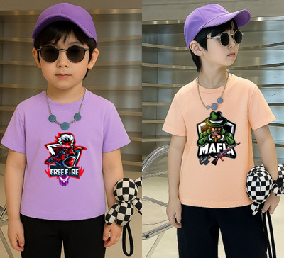 Lecowar Boys Printed Polyester Regular T Shirt(Purple, Pink, Pack of 1)