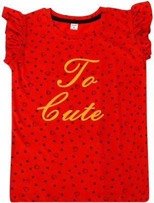 fasla Girls Typography, Printed Cotton Blend Regular T Shirt(Red, Pack of 1)