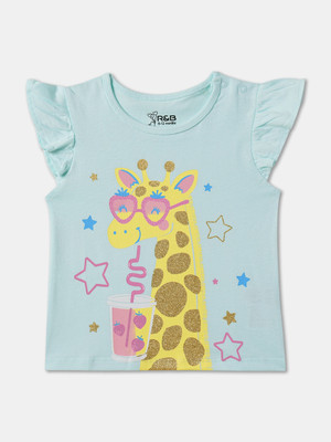R&B Baby Girls Graphic Print Pure Cotton Regular T Shirt(Blue, Pack of 1)