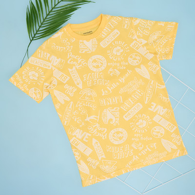 Pantaloons Junior Boys Printed Cotton Blend Regular T Shirt(Yellow, Pack of 1)
