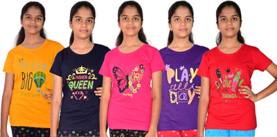 JILZ Girls Printed Pure Cotton Regular T Shirt(Multicolor, Pack of 5)