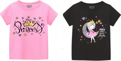 M Queen Girls Graphic Print Cotton Blend Regular T Shirt(Multicolor, Pack of 2)