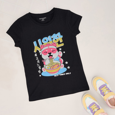 Pantaloons Junior Girls Solid Cotton Blend Regular T Shirt(Black, Pack of 1)