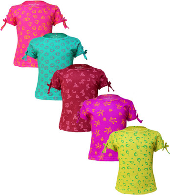 Eazy Trends Girls Printed Pure Cotton Regular T Shirt(Multicolor, Pack of 5)