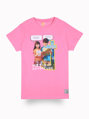 GINI & JONY Girls Printed Cotton Blend Regular T Shirt(Pink, Pack of 1)