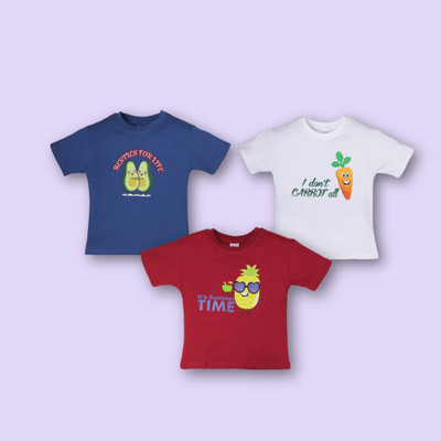 DIFRU Boys & Girls Printed Pure Cotton Regular T Shirt(White, Maroon, Pack of 3)