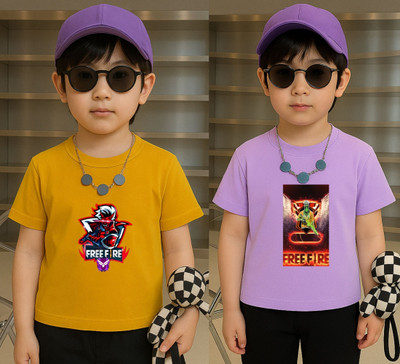 Lecowar Boys Graphic Print Polyester Regular T Shirt(Yellow, Purple, Pack of 2)