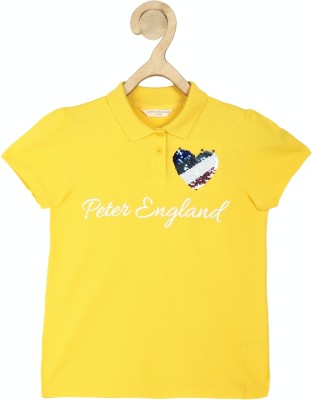 PETER ENGLAND Girls Typography, Printed Pure Cotton Regular T Shirt(Yellow, Pack of 1)