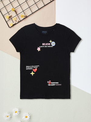 MAX Girls Printed Pure Cotton Regular T Shirt(Black, Pack of 1)