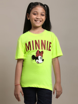 kidsville Girls Typography, Printed Pure Cotton Regular T Shirt(Green, Pack of 1)