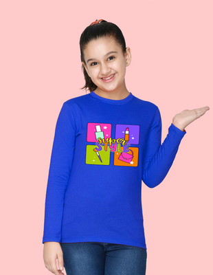 Nusyl Girls Graphic Print Cotton Blend Regular T Shirt(Blue, Pack of 1)