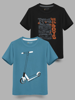 Hellcat Boys Printed Cotton Blend Regular T Shirt(Blue, Pack of 2)