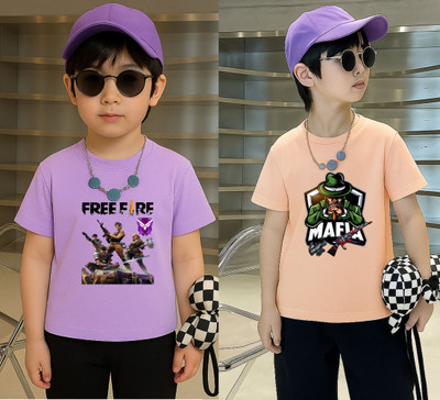 Lecowar Boys Printed Polyester Regular T Shirt(Purple, Pink, Pack of 1)