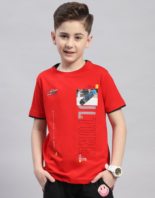 MONTE CARLO Boys Typography, Printed Cotton Blend Regular T Shirt(Red, Pack of 1)