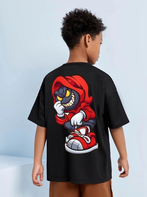 Show In Style Boys Printed Pure Cotton Oversized T Shirt(Black, Pack of 1)