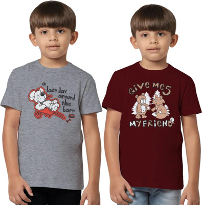 Texman Boys Printed Pure Cotton Regular T Shirt(Multicolor, Pack of 2)