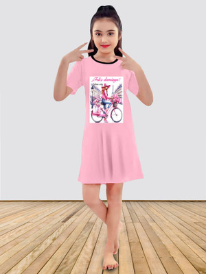HouseOfCommon Baby Girls Printed, Graphic Print Pure Cotton Regular T Shirt(Pink, Pack of 1)