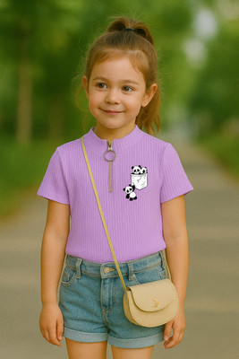 Rory Girls Printed Cotton Blend Regular T Shirt(Purple, Pack of 1)