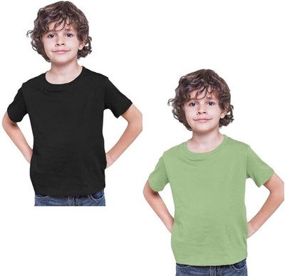 JASS MEN Boys & Girls Self Design Cotton Blend Regular T Shirt(Black, Light Green, Pack of 1)