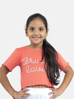 Kiddo Paanti Girls Embroidered Pure Cotton Regular T Shirt(Orange, Pack of 1)