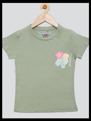 PAMPOLINA Girls Printed Cotton Blend Regular T Shirt(Green, Pack of 1)