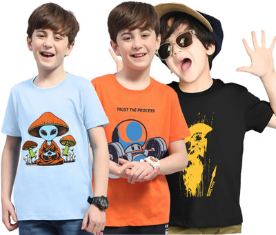 Kiddy Viddy Boys Graphic Print Cotton Blend Regular T Shirt(Black, Light Blue, Pack of 3)