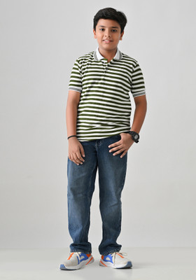 IndiWeaves Boys Striped Pure Cotton Regular T Shirt(Brown, Pack of 1)