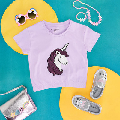 Pantaloons Junior Girls Printed Pure Cotton Regular T Shirt(Purple, Pack of 1)