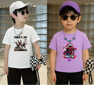 Lecowar Boys Printed Polyester Regular T Shirt(White, Purple, Pack of 2)