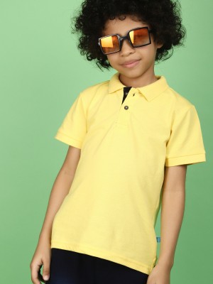 V-MART Boys Solid Cotton Blend T Shirt(Yellow, Pack of 1)
