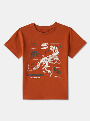 R&B Boys Animal Print Pure Cotton Regular T Shirt(Orange, Pack of 1)
