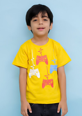 CHANDRIKA LIFESTYLE Boys Printed Cotton Blend Regular T Shirt(Yellow, Pack of 1)