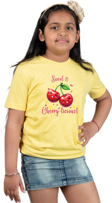 CHOMBOOKA Girls Printed Pure Cotton Regular T Shirt(Light Blue, Pack of 1)