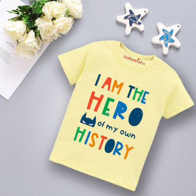 Babywish Boys Typography Cotton Blend Regular T Shirt(Yellow, Pack of 1)