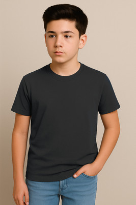 NOW OR NEVER Boys Solid Polyester Regular T Shirt(Grey, Pack of 1)