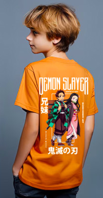 PUSHANKA Boys Printed Pure Cotton Regular T Shirt(Orange, Pack of 1)