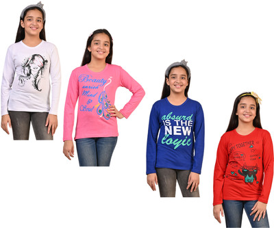 IndiWeaves Girls Printed Pure Cotton Regular T Shirt(Multicolor, Pack of 4)