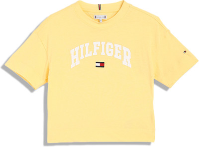 TOMMY HILFIGER Girls Printed Cotton Blend Regular T Shirt(Yellow, Pack of 1)