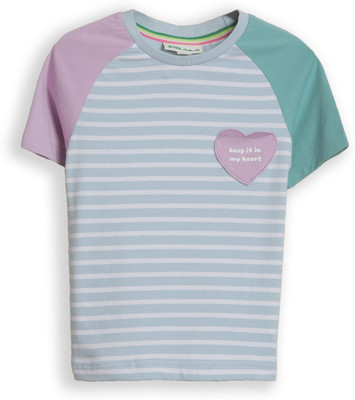 pilolo Girls Printed Pure Cotton Regular T Shirt(Blue, Pack of 1)