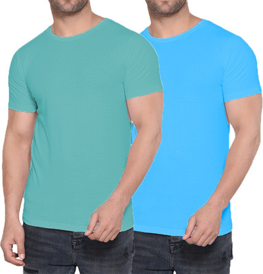 Kroptee Boys Solid Cotton Blend Regular T Shirt(Light Blue, Light Green, Pack of 2)