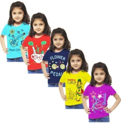 NewLadiesZone Girls Printed Pure Cotton Regular T Shirt(Red, Pack of 5)