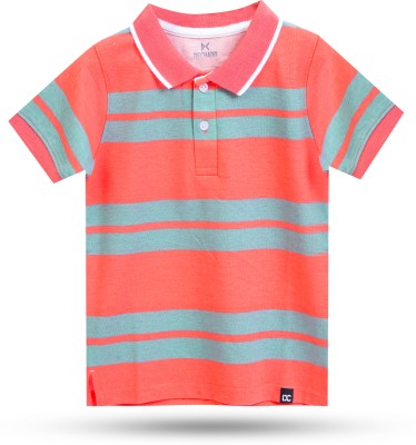 Dechado Boys Striped Pure Cotton Regular T Shirt(Orange, Pack of 1)