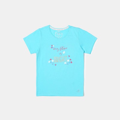 JOCKEY Girls Typography, Printed Pure Cotton T Shirt(Blue, Pack of 1)