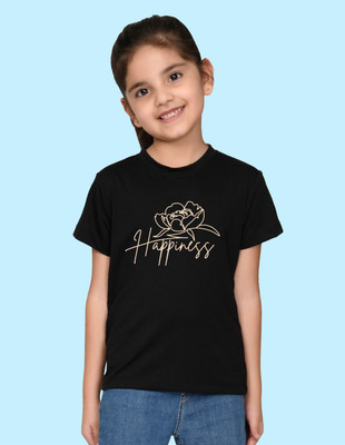Nusyl Girls Printed Cotton Blend Regular T Shirt(Black, Pack of 1)