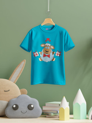 Pubkash Boys & Girls Printed Cotton Blend Regular T Shirt(Light Blue, Pack of 1)